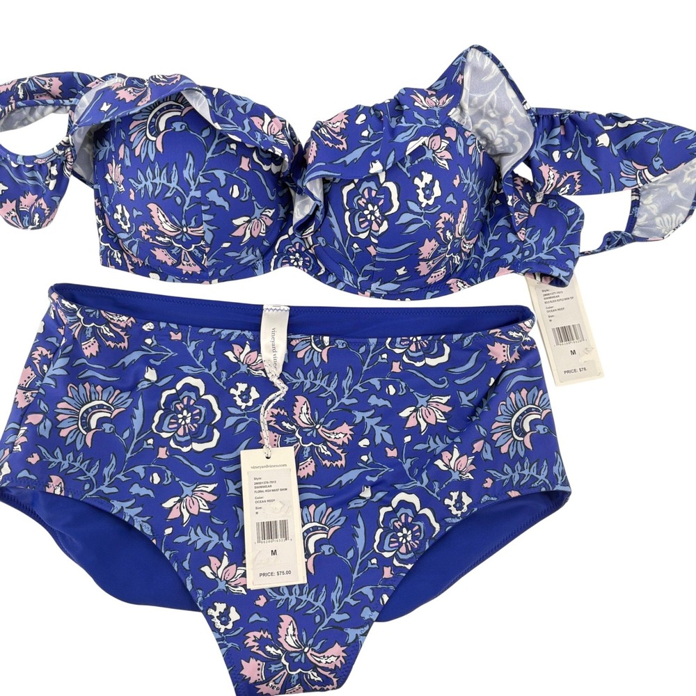 Vineyard Vines Women Blue Floral Ruffle Bikini Set High Waist Ocean Reef M NWT - Picture 3 of 6